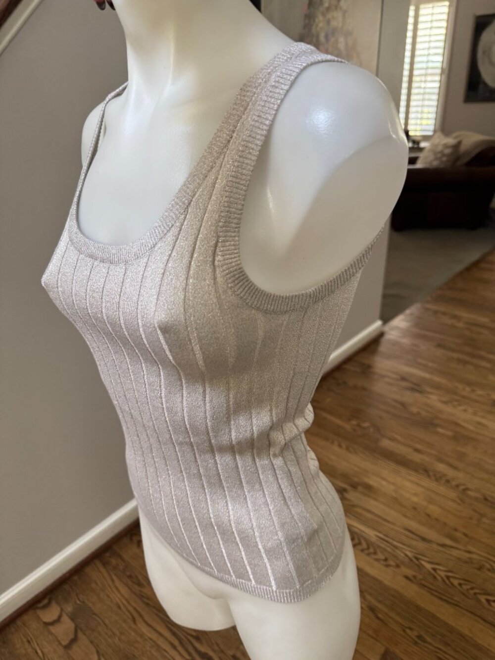 BRUNELLO CUCINELLI Silk Lurex Metallic Grey Wide Rib Scoop Neck Tank Top XS - Picture 3 of 4